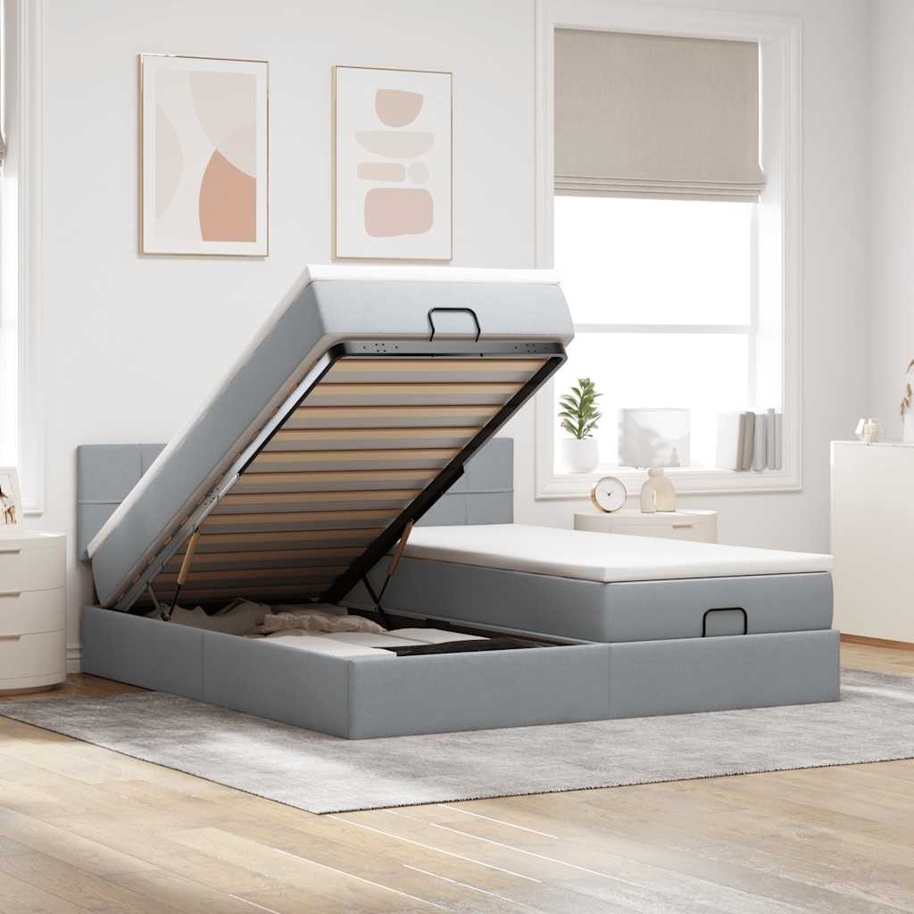 Ottoman bed met matrassen en LED's 160x200cm stof lichtgrijs – afbeelding 1