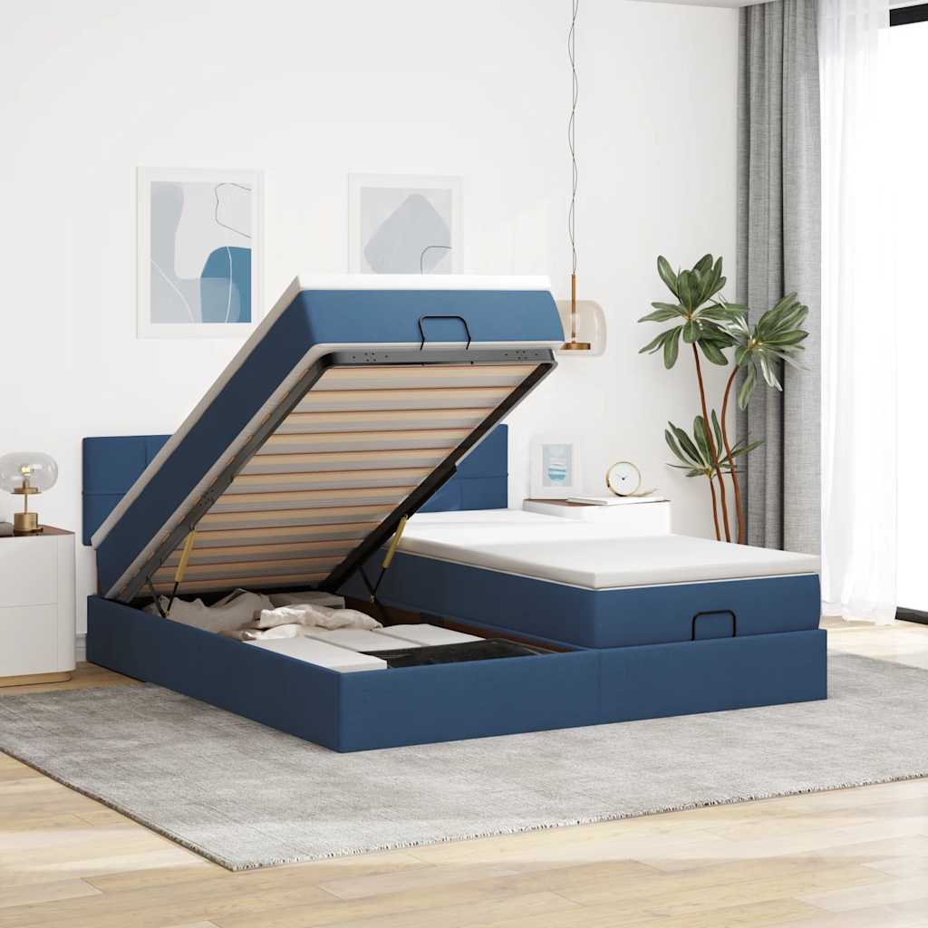 Ottoman bed met matrassen en LED's 160x200cm stof blauw – afbeelding 1