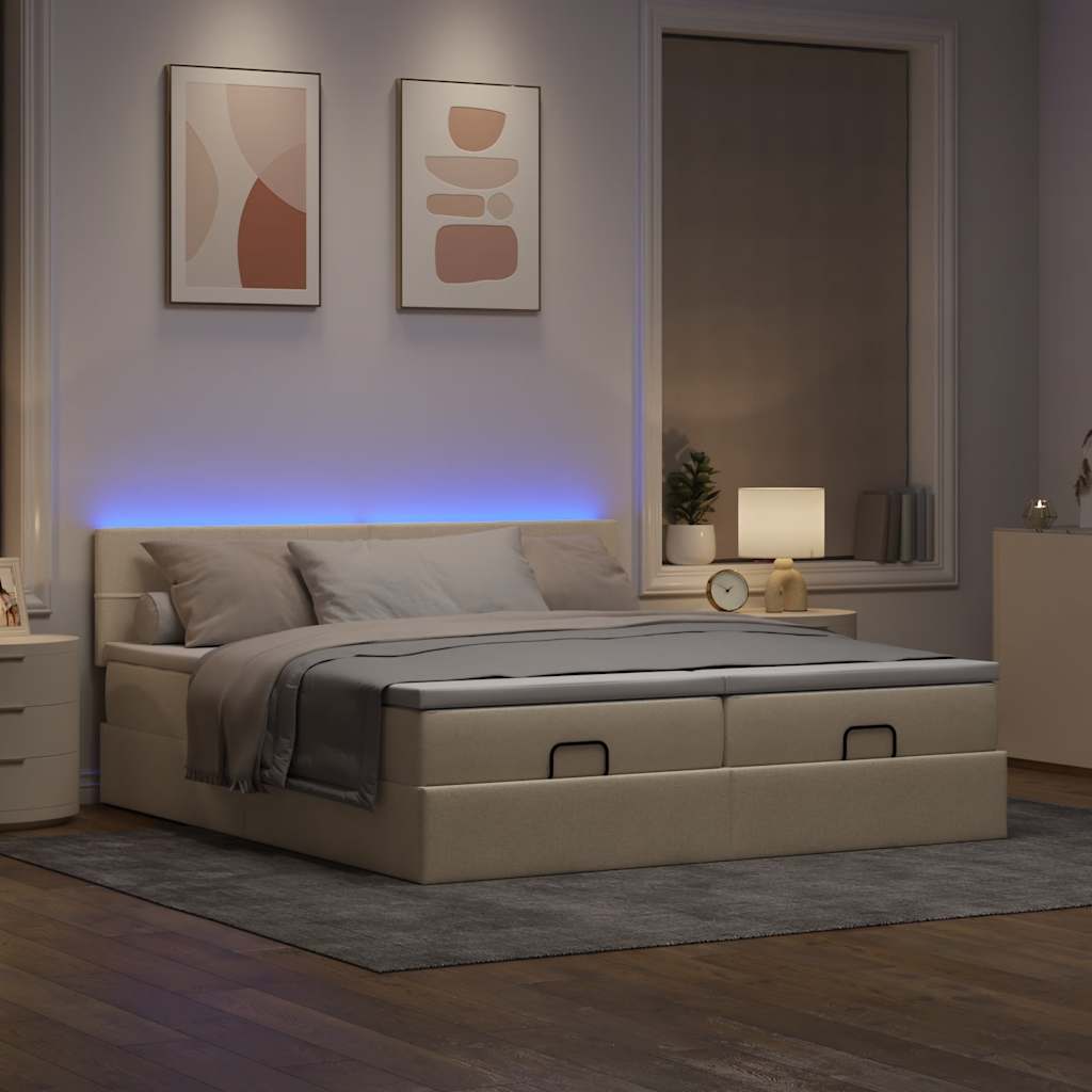 Ottoman bed met matrassen en LED's 200x200cm stof crèmekleurig – afbeelding 3