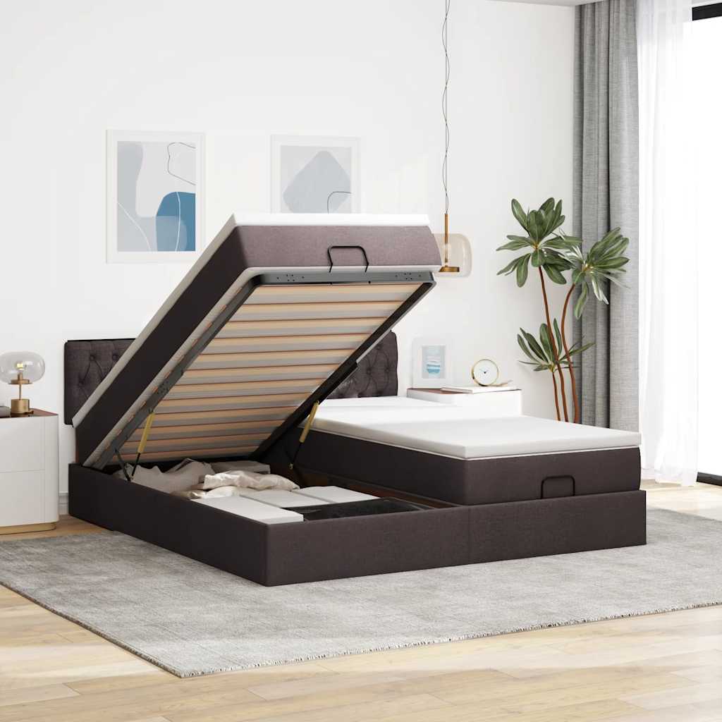 Ottoman bed met matrassen en LED's 160x200cm stof donkerbruin – afbeelding 1