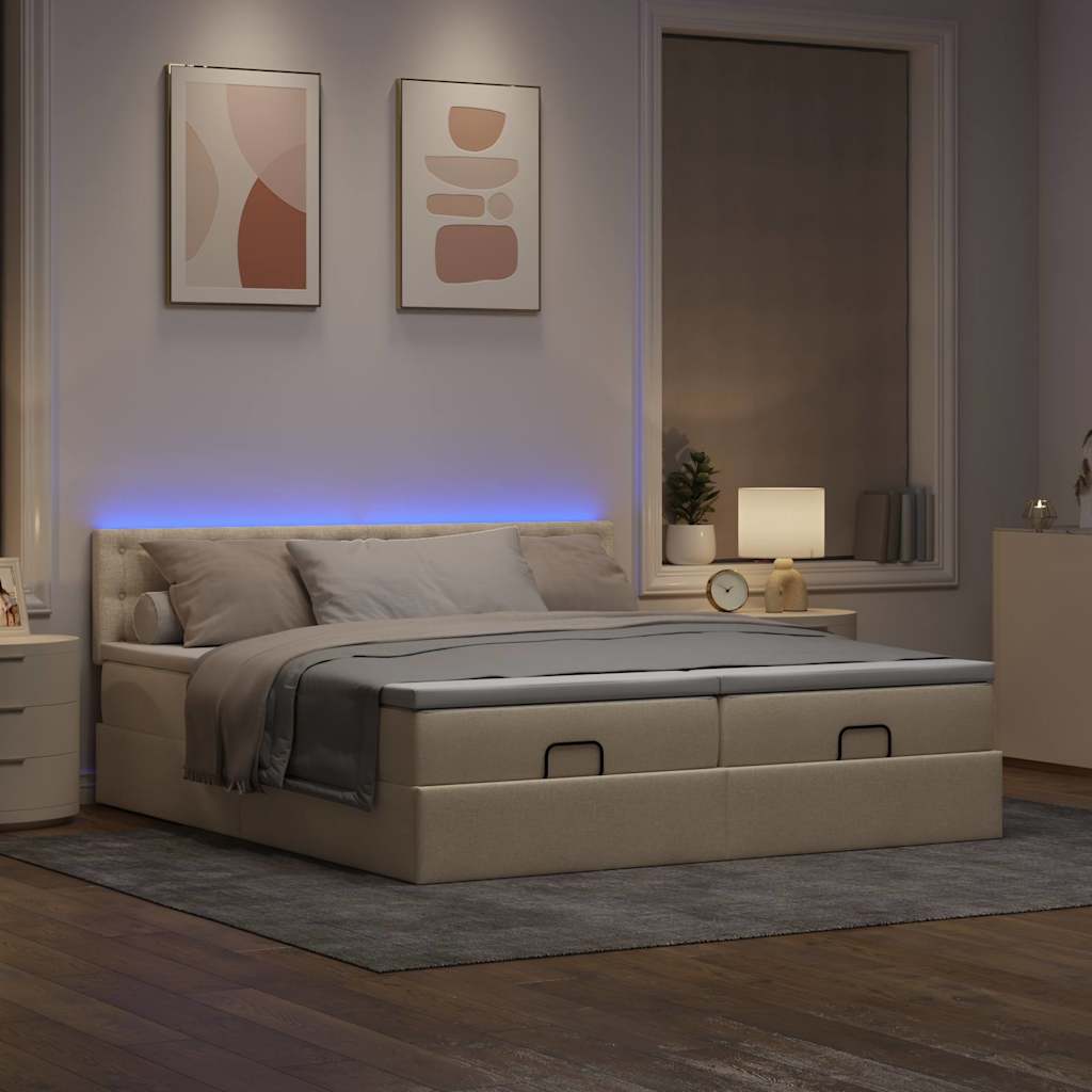Ottoman bed met matrassen en LED's 200x200cm stof crèmekleurig – afbeelding 3