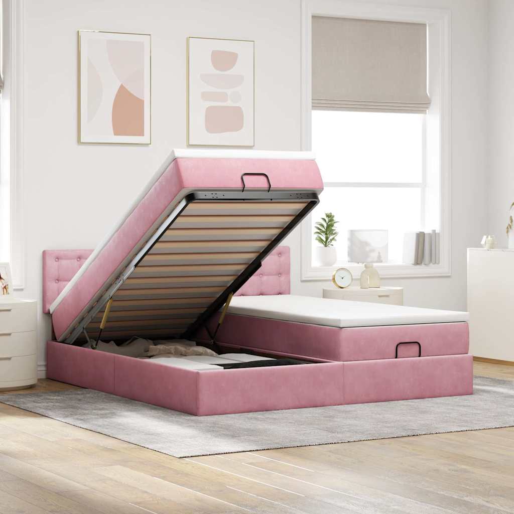 Ottoman bed met matrassen en LED's 160x200cm fluweel roze – afbeelding 1