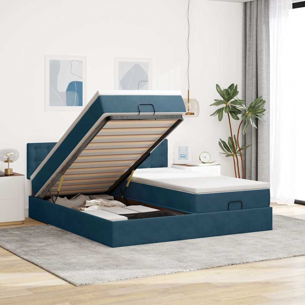 Bed poef met matrassen en leds 200x200 cm fluweel donkerblauw – afbeelding 1
