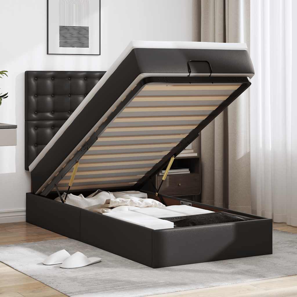 Ottomaanse bed met matras 90x200cm kunstleer zwart – afbeelding 1