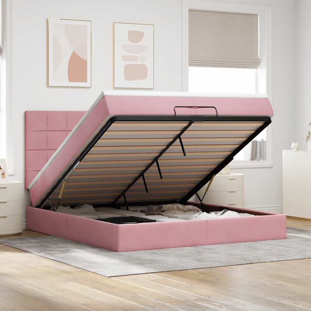 Ottoman bed met matrassen 200x200cm fluweel roze – afbeelding 1