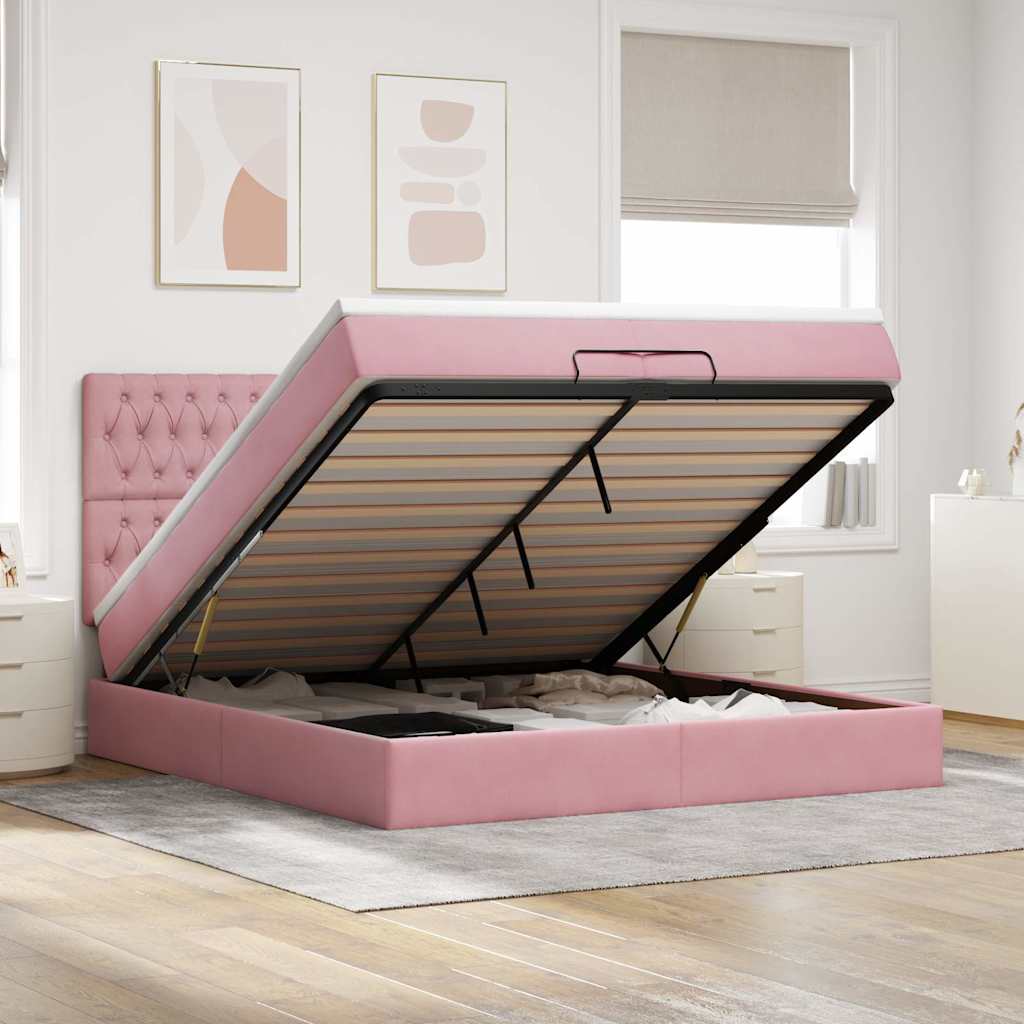 Ottoman bed met matrassen 200x200cm fluweel roze – afbeelding 1