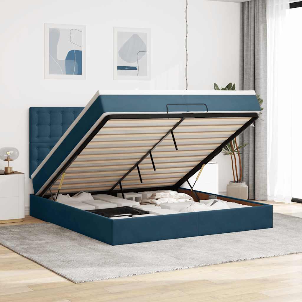 Ottoman bed met matrassen 160x200cm fluweel donkerblauw – afbeelding 1