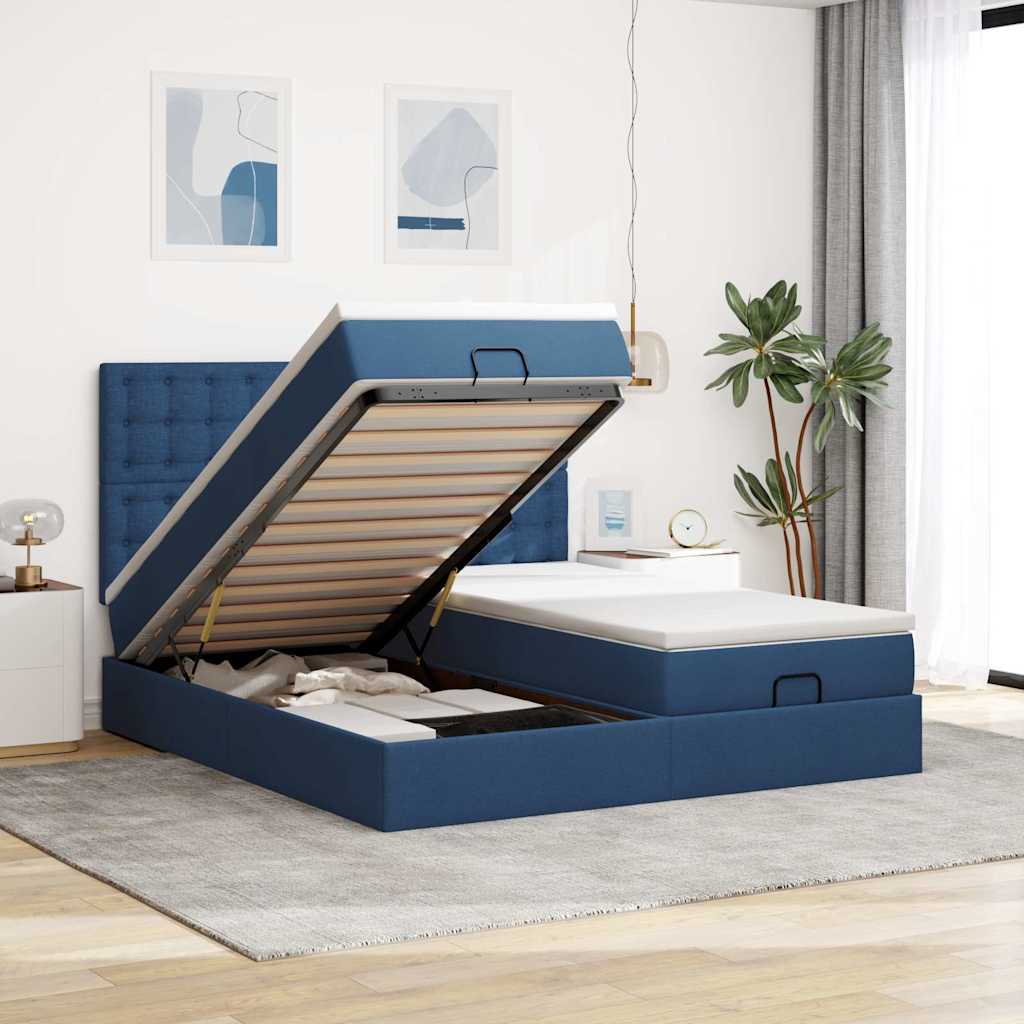 Ottoman bed met matrassen 200x200cm stof blauw – afbeelding 1