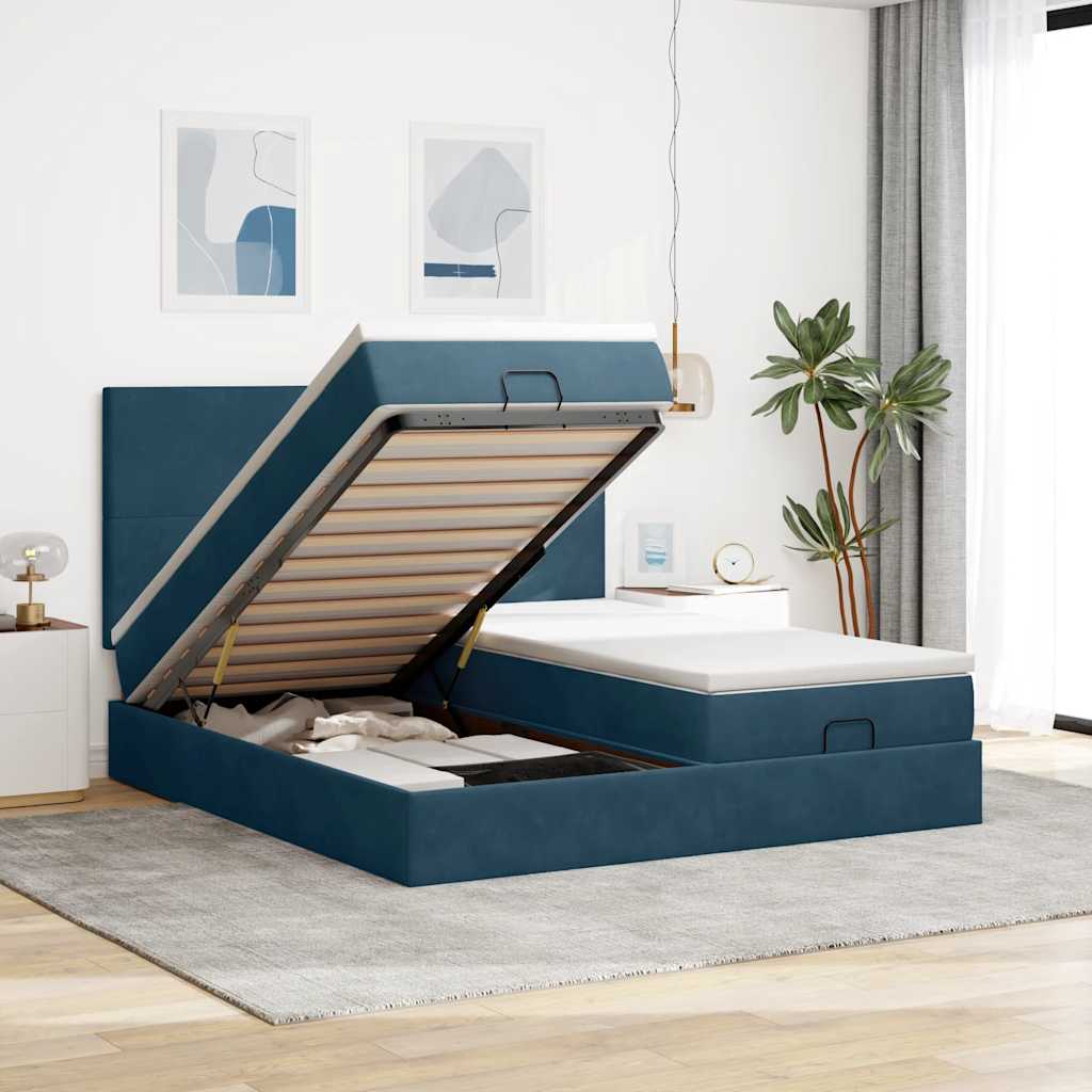 Ottoman bed met matrassen 160x200cm fluweel donkerblauw – afbeelding 1