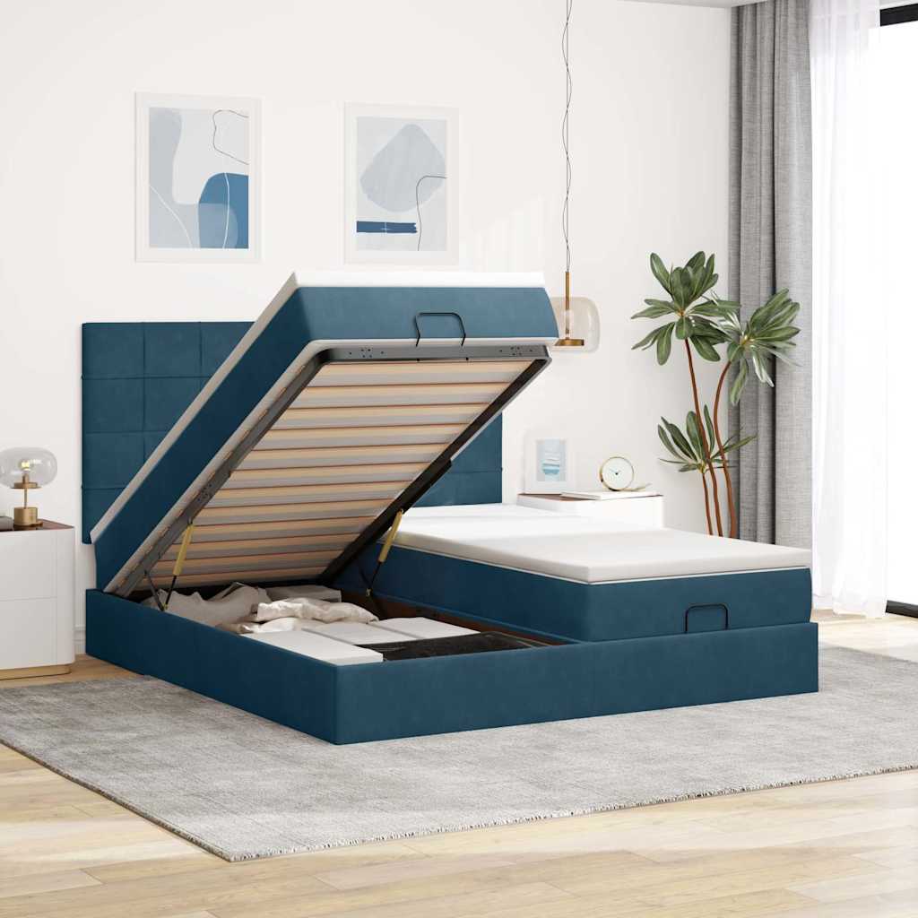 Ottoman bed met matrassen 160x200cm fluweel donkerblauw – afbeelding 1
