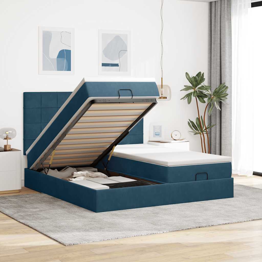 Ottoman bed met matrassen 200x200cm fluweel donkerblauw – afbeelding 1