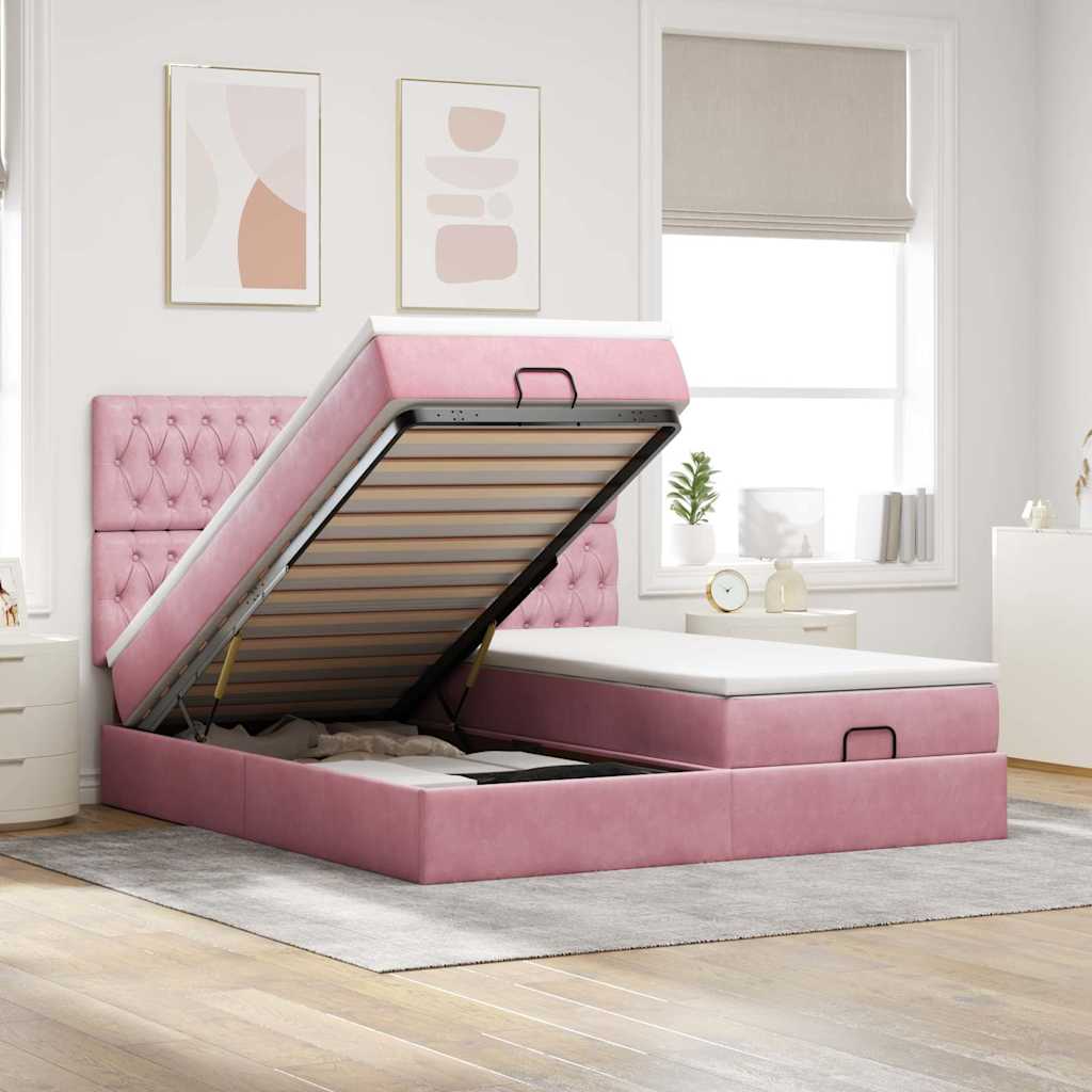 Ottoman bed met matrassen 160x200cm fluweel roze – afbeelding 1