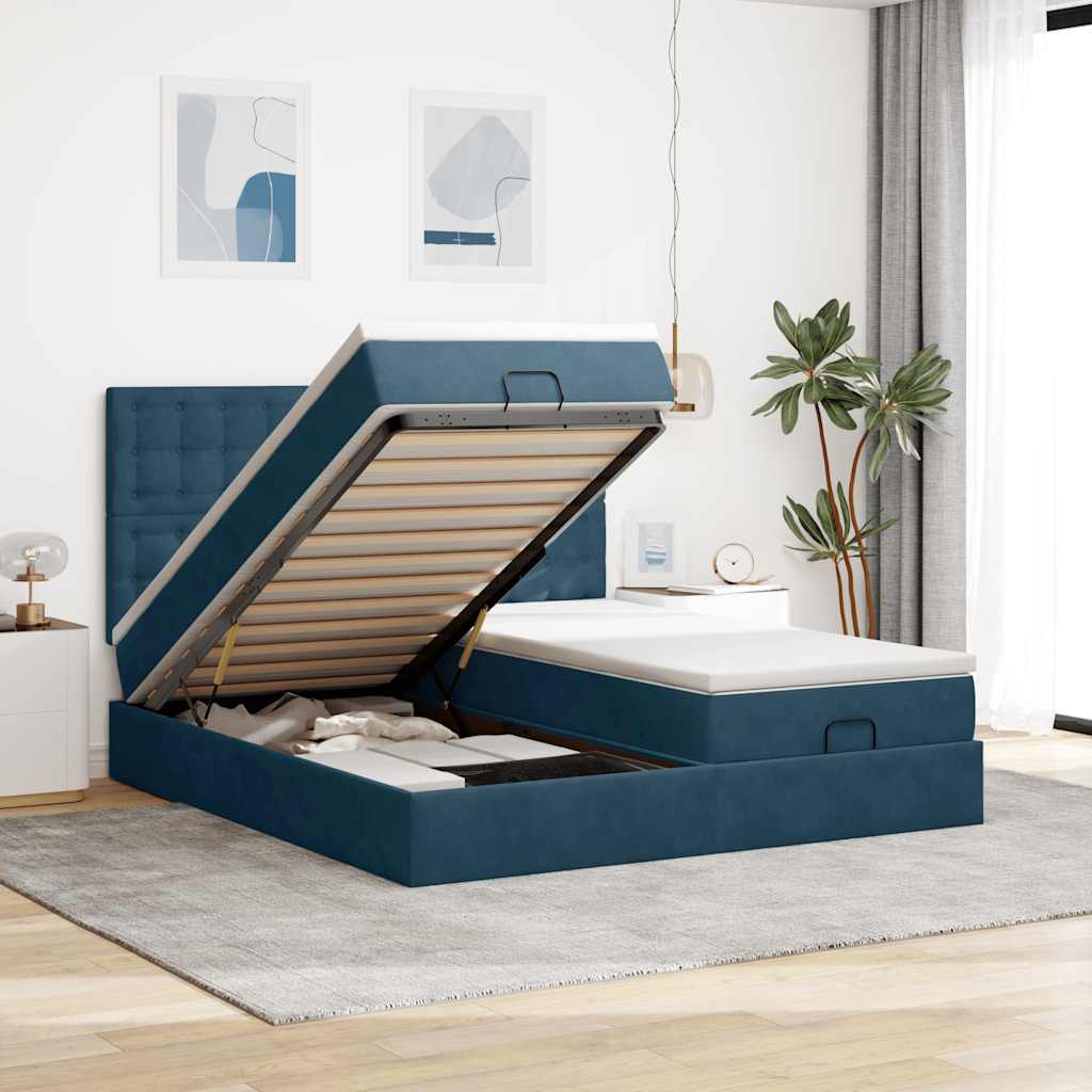 Ottoman bed met matrassen 160x200cm fluweel donkerblauw – afbeelding 1