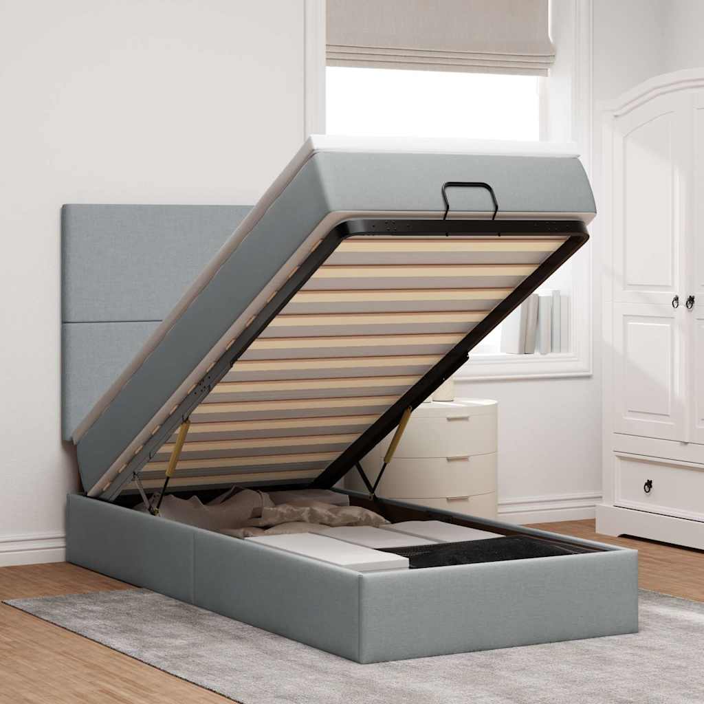 Ottoman bed met matras en LED's 100x200cm stof lichtgrijs – afbeelding 1