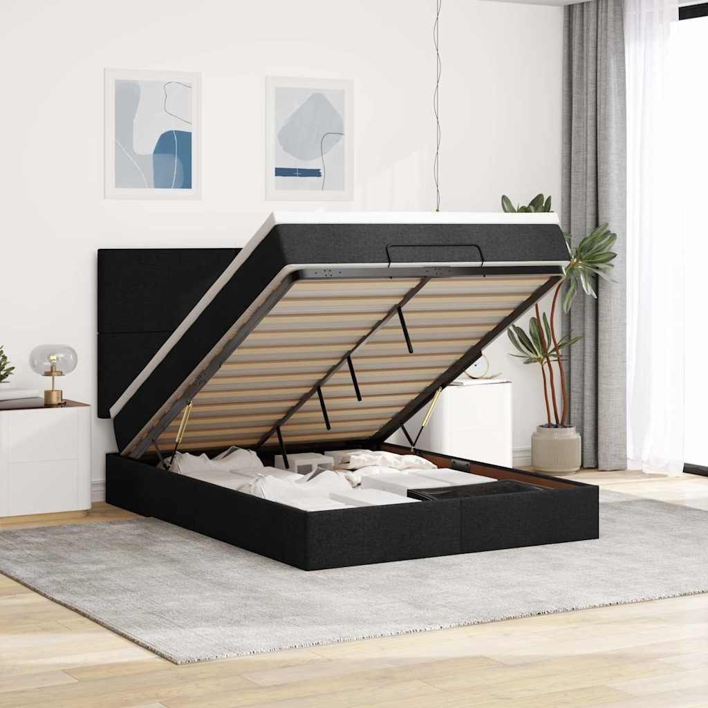 Ottoman bed met matras en LED's 140x190cm stof zwart – afbeelding 1