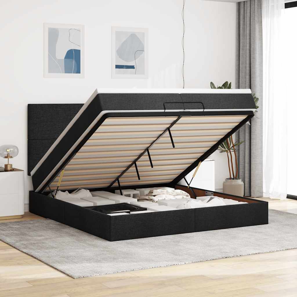 Ottoman bed met matrassen en LED's 200x200cm stof zwart – afbeelding 1