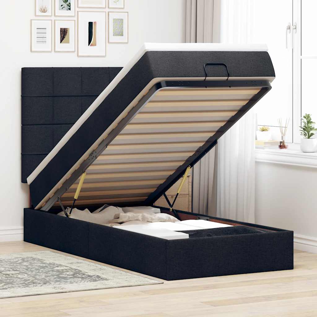Ottoman bed met matras en LED's 90x190cm stof zwart – afbeelding 1