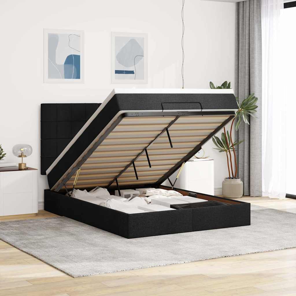 Ottoman bed met matras en LED's 140x200cm stof zwart – afbeelding 1
