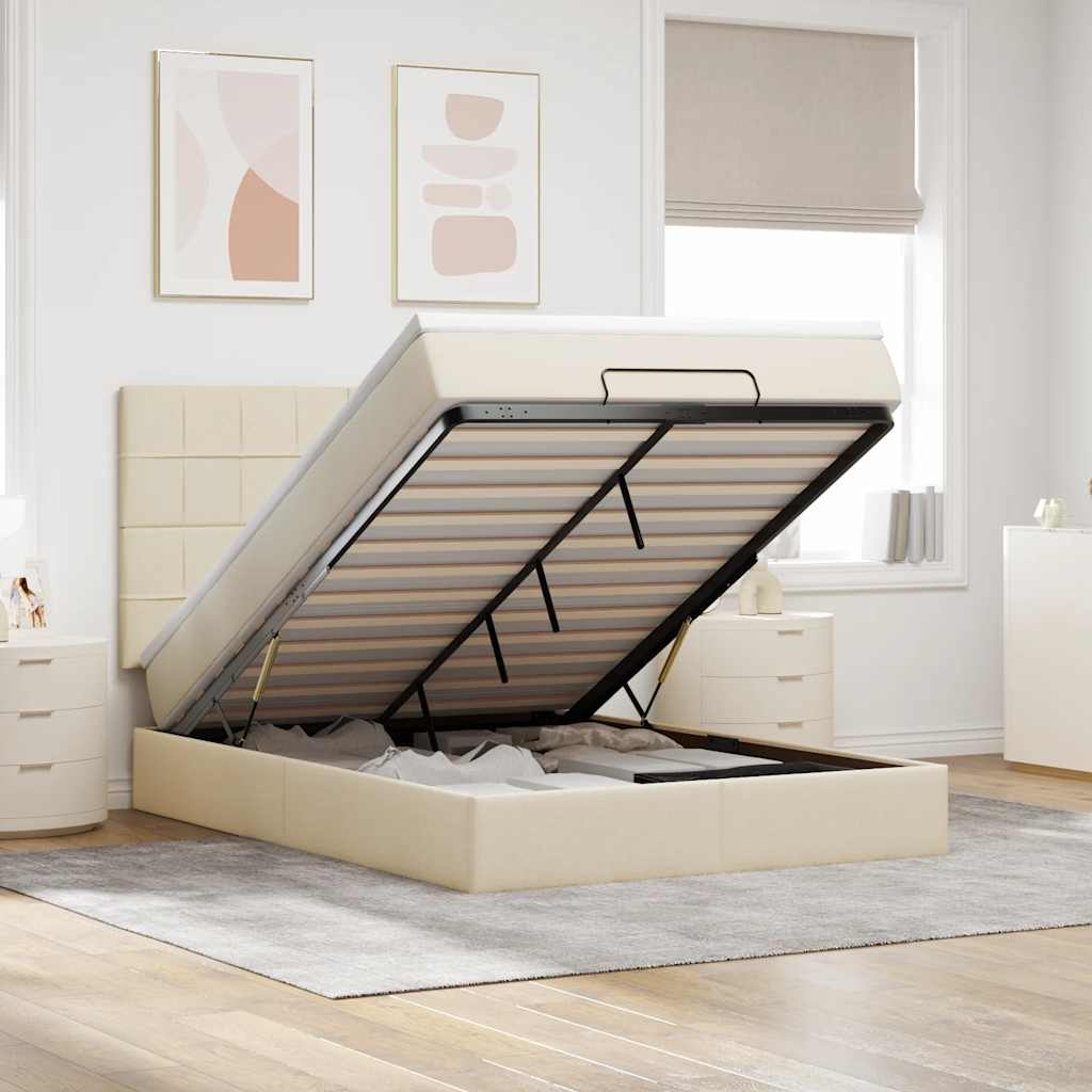 Ottoman bed met matras en LED's 140x200cm stof crèmekleurig – afbeelding 1