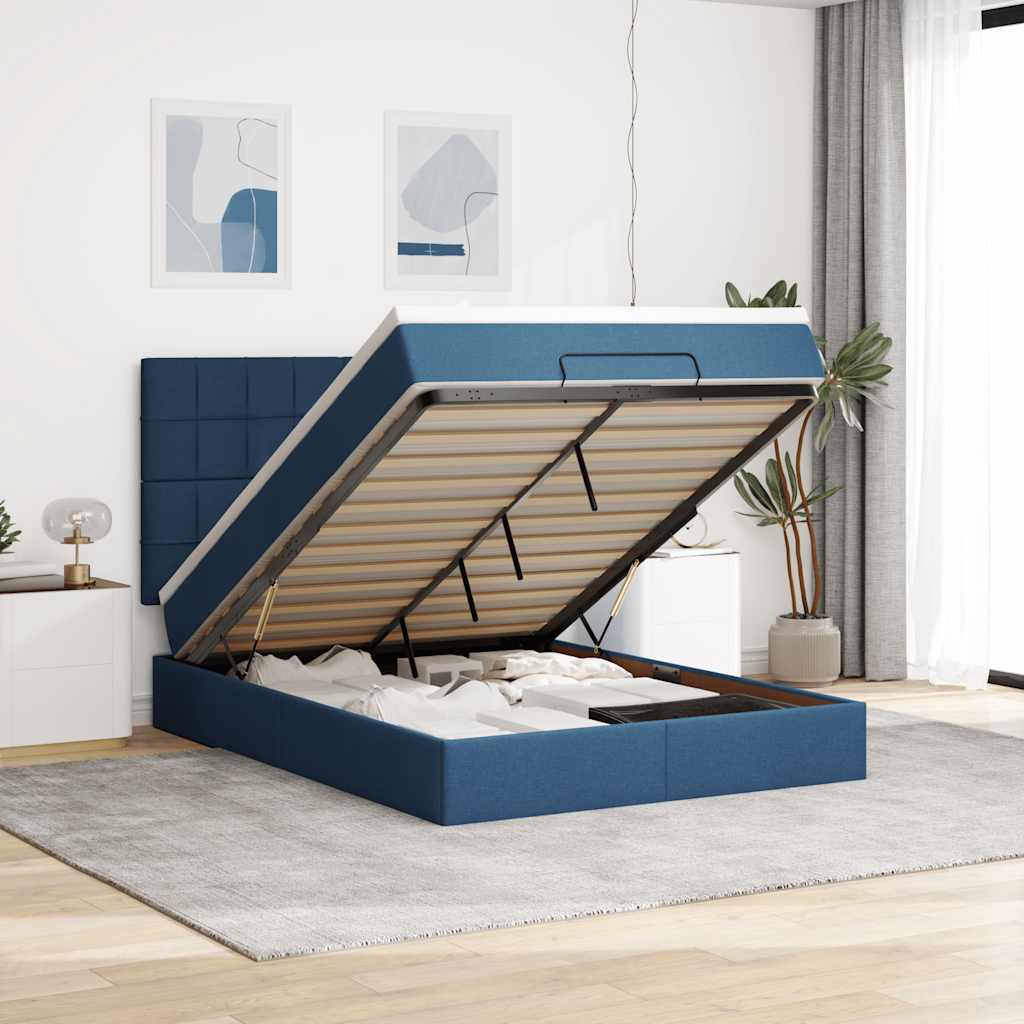 Ottoman bed met matras en LED's 140x200cm stof blauw – afbeelding 1