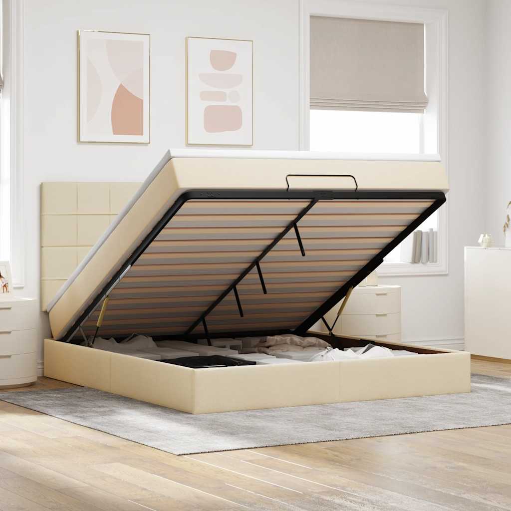Ottoman bed met matras en LED's 180x200cm stof crèmekleurig – afbeelding 1