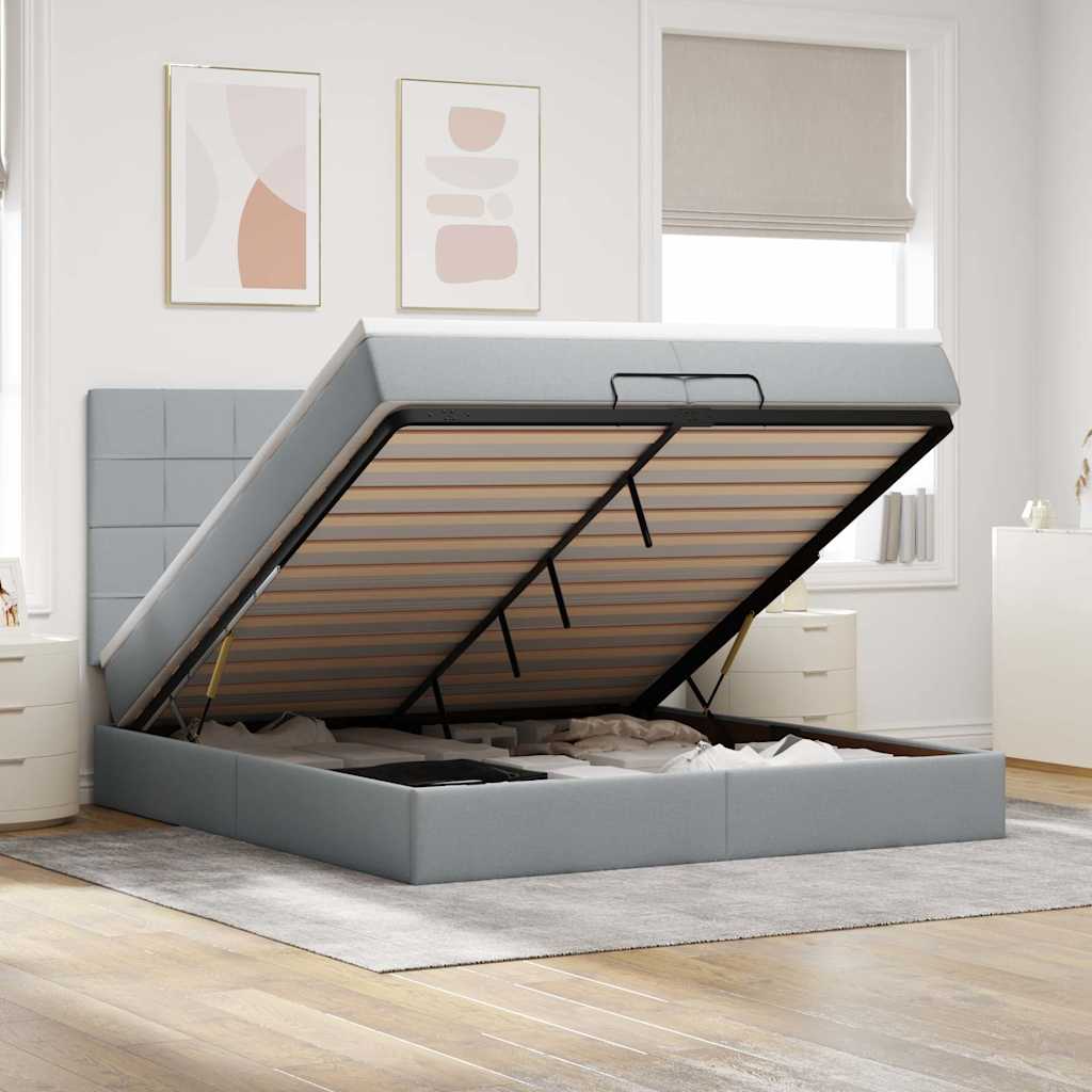 Ottoman bed met matrassen en LED's 200x200cm stof lichtgrijs – afbeelding 1