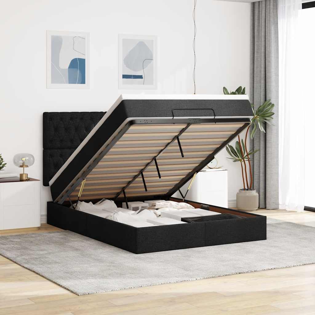 Ottoman bed met matras en LED's 140x190cm stof zwart – afbeelding 1
