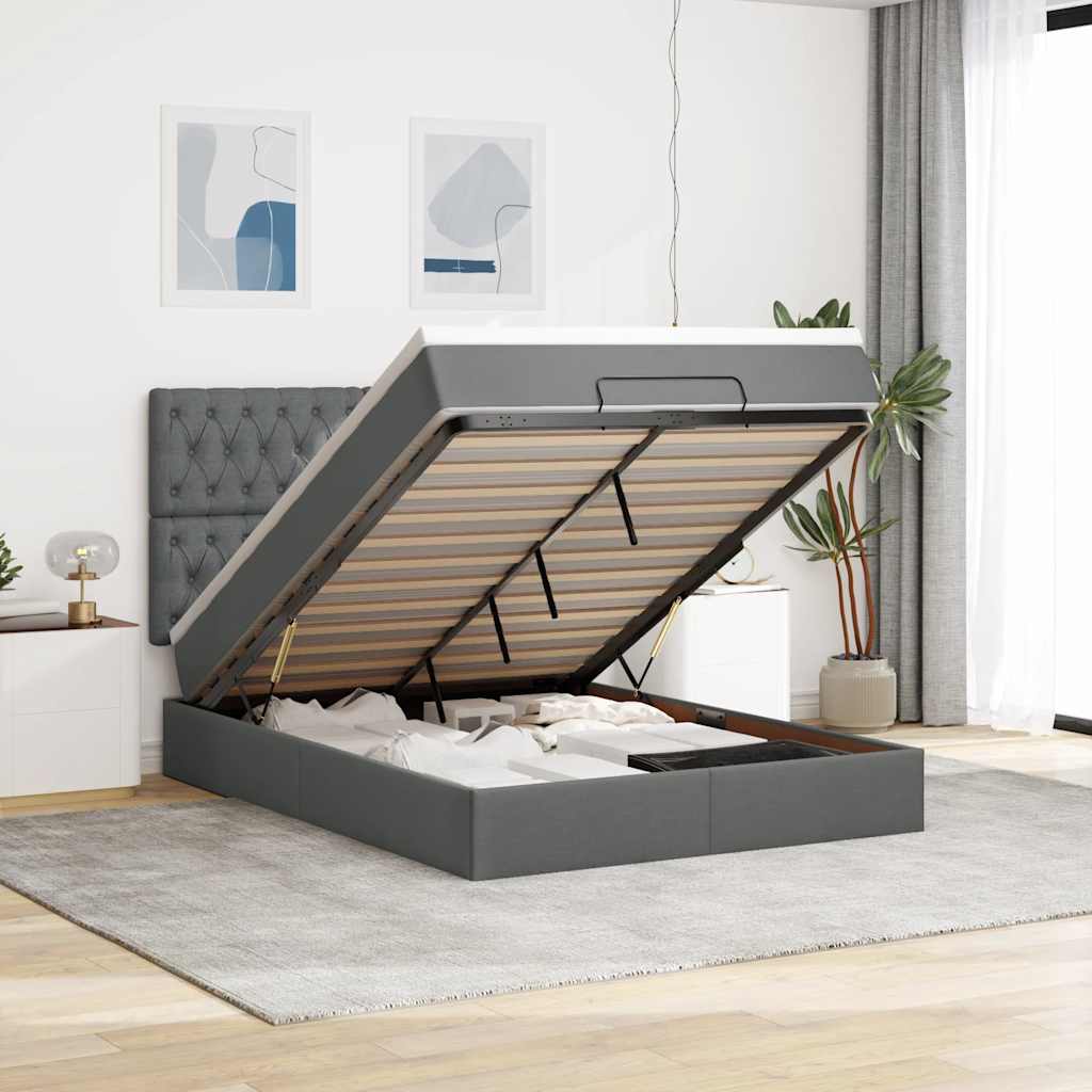Ottoman bed met matras en LED's 140x200cm stof donkergrijs – afbeelding 1