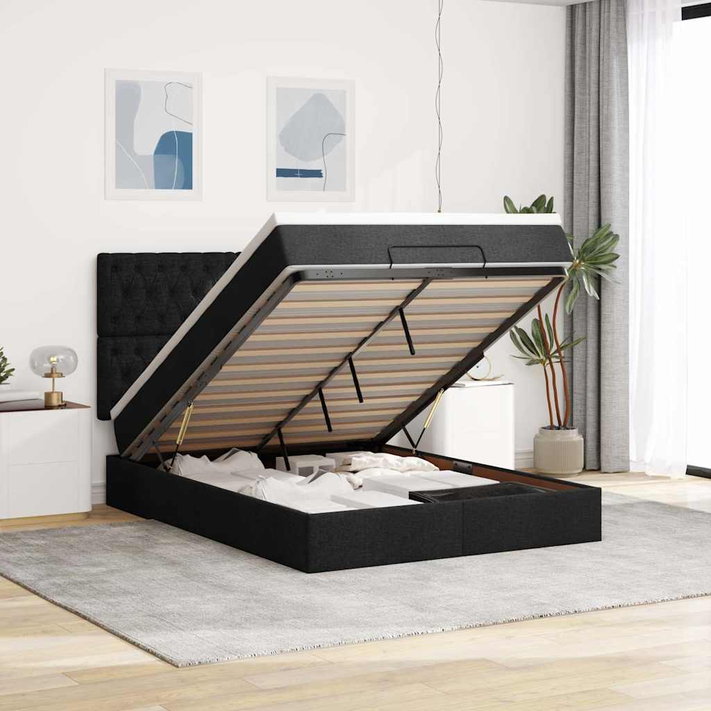 Ottoman bed met matras en LED's 140x200cm stof zwart – afbeelding 1