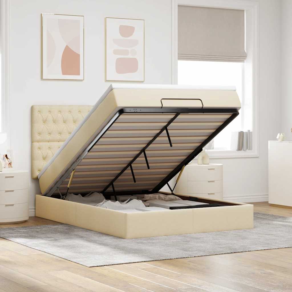 Ottoman bed met matras en LED's 140x200cm stof crèmekleurig – afbeelding 1