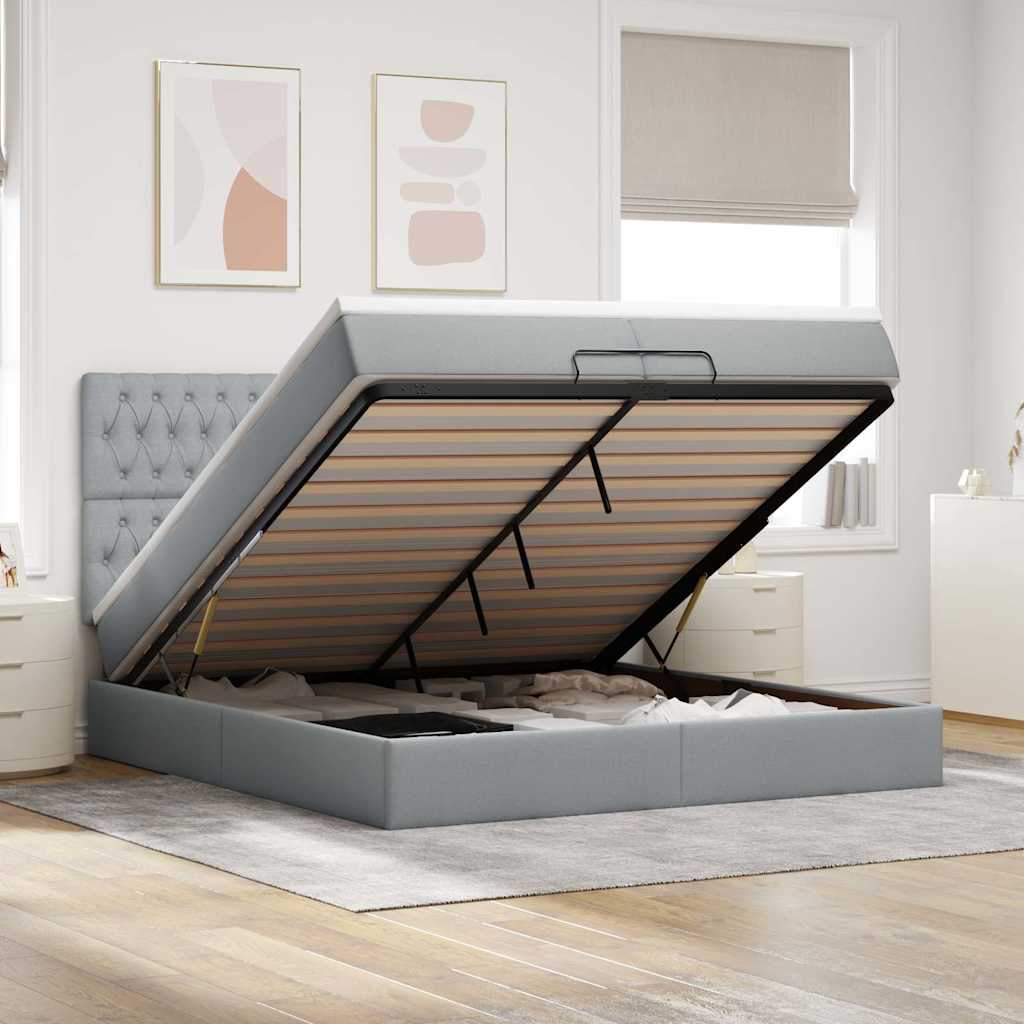 Ottoman bed met matrassen en LED's 200x200cm stof lichtgrijs – afbeelding 1