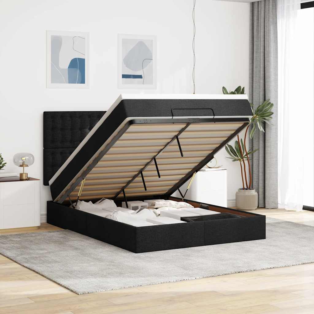 Ottoman bed met matras en LED's 140x200cm stof zwart – afbeelding 1