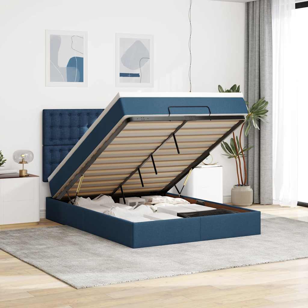 Ottoman bed met matras en LED's 140x200cm stof blauw – afbeelding 1