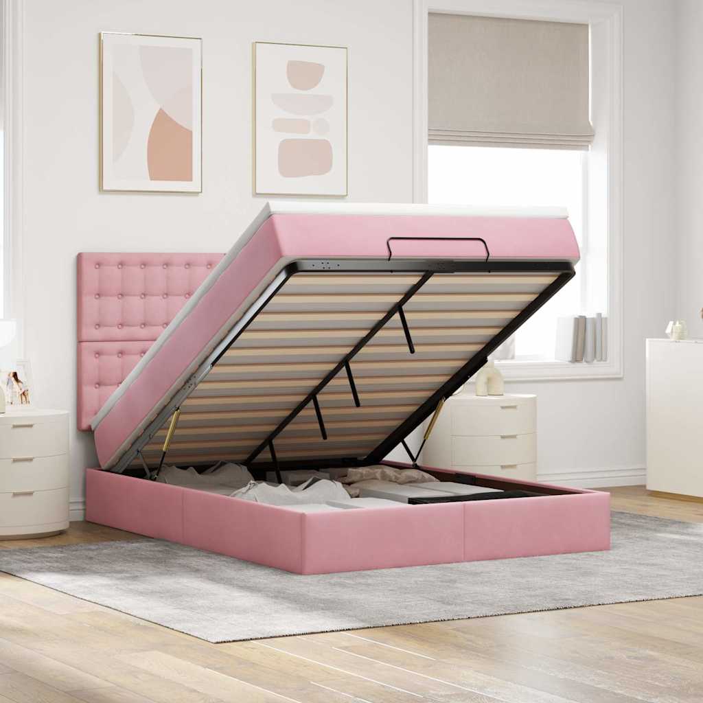 Ottoman bed met matrassen en LED's 140x190cm fluweel roze – afbeelding 1
