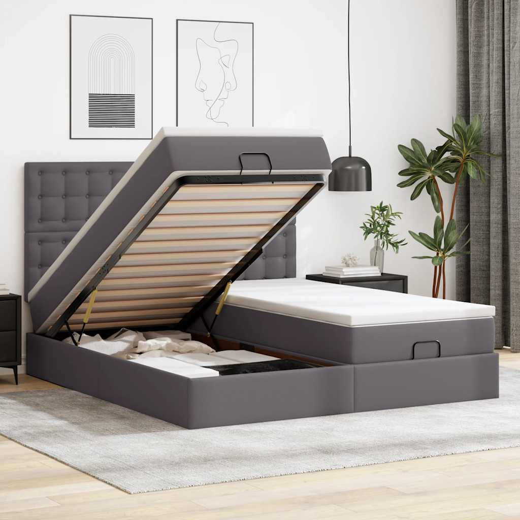 Bed poef met matrassen en LED's 160x200cm kunstleer grijs – afbeelding 1