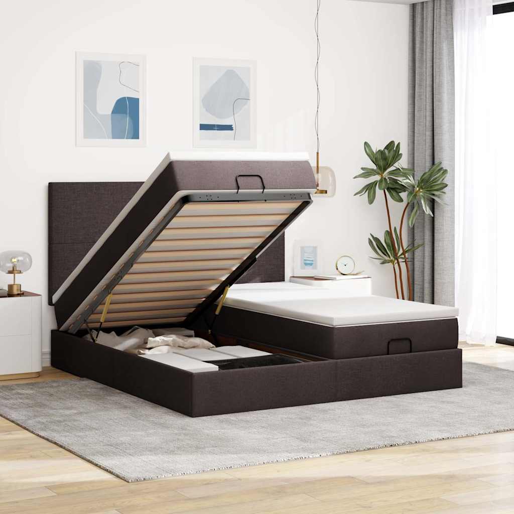 Ottoman bed met matrassen en LED's 180x200cm stof donkerbruin – afbeelding 1