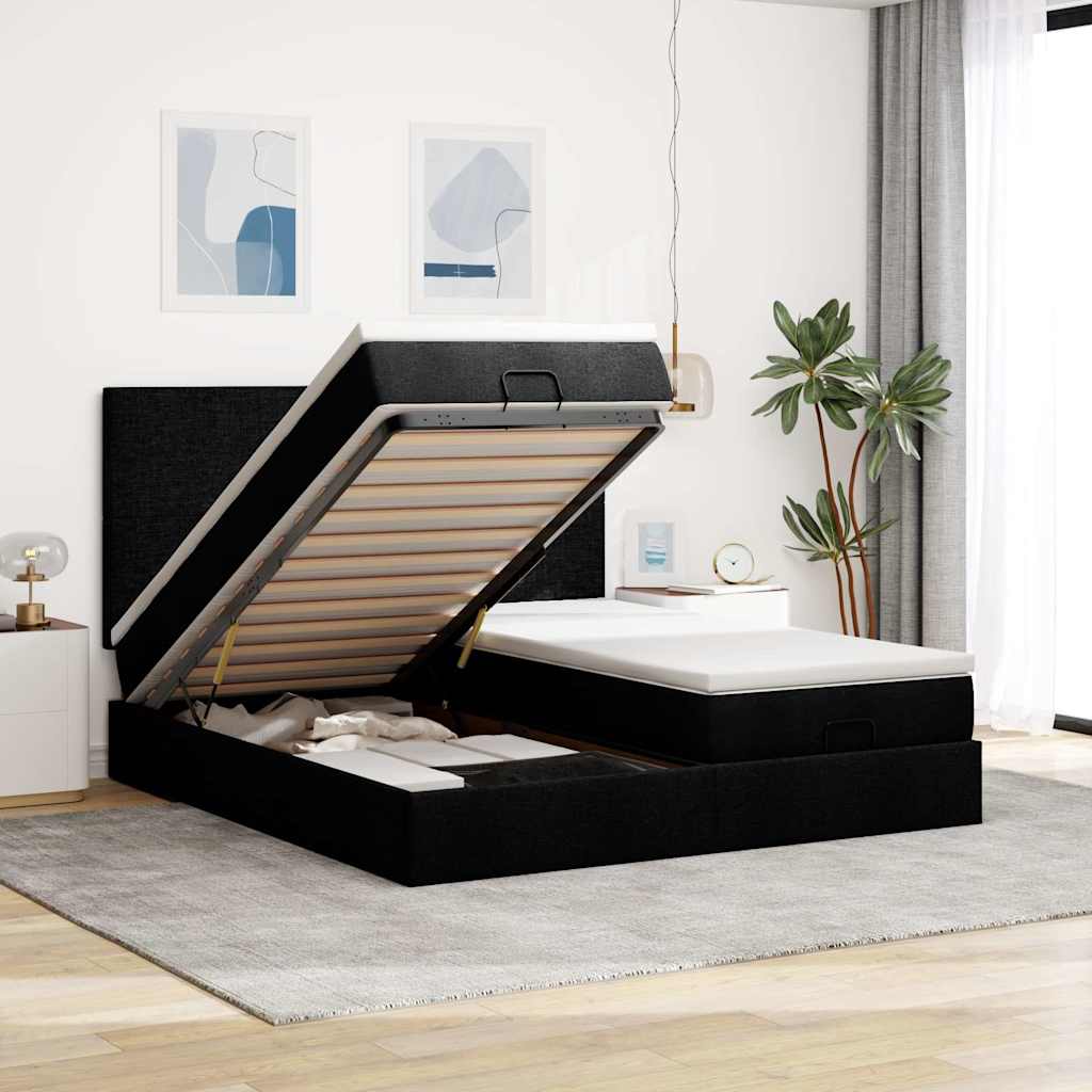 Ottoman bed met matrassen en LED's 200x200cm stof zwart – afbeelding 1