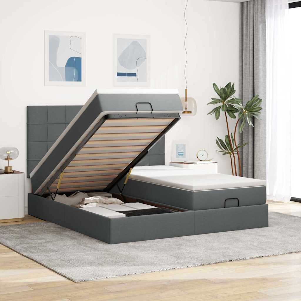 Ottoman bed met matrassen en LED's 200x200cm stof donkergrijs – afbeelding 1
