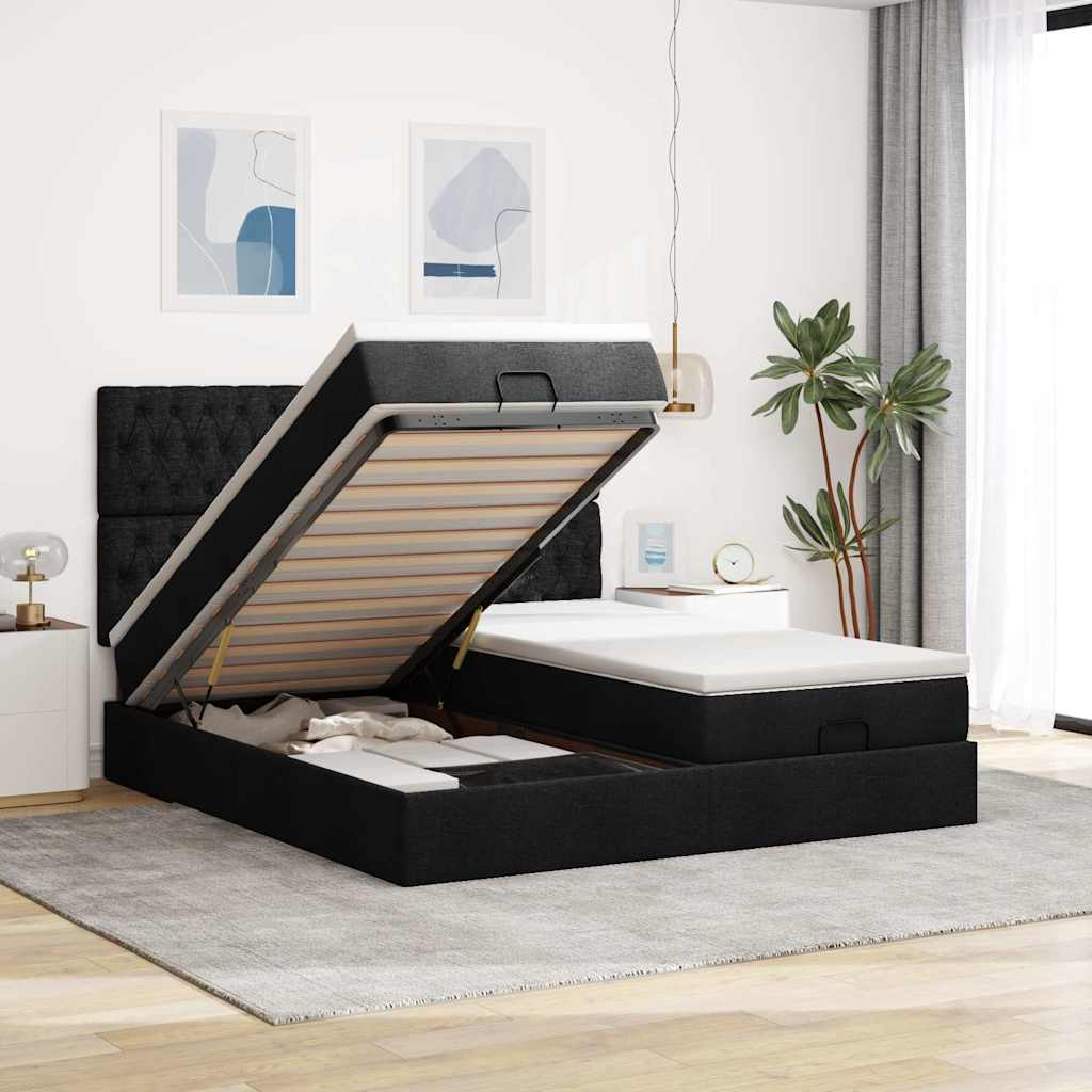 Ottoman bed met matrassen en LED's 200x200cm stof zwart – afbeelding 1