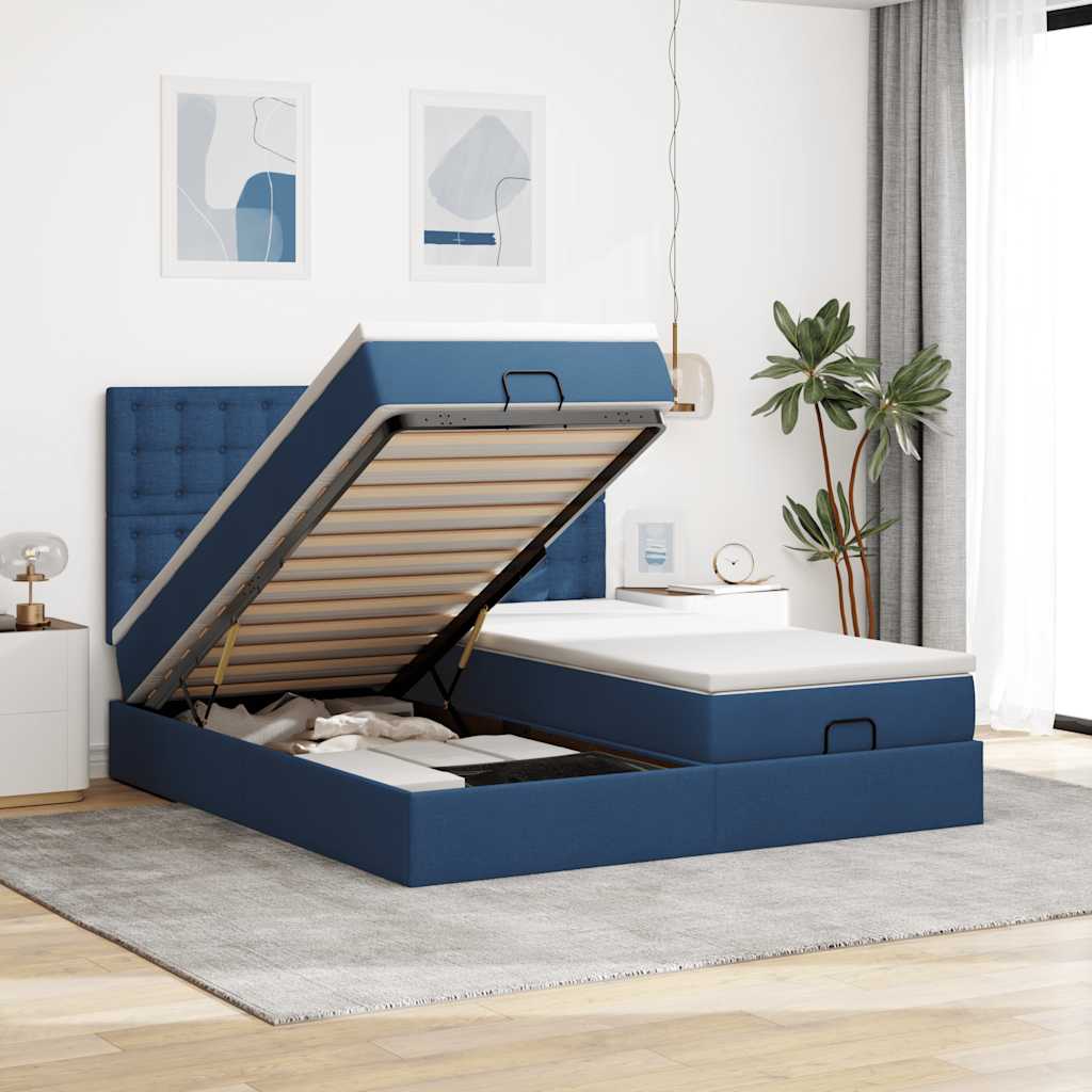 Ottoman bed met matrassen en LED's 160x200cm stof blauw – afbeelding 1