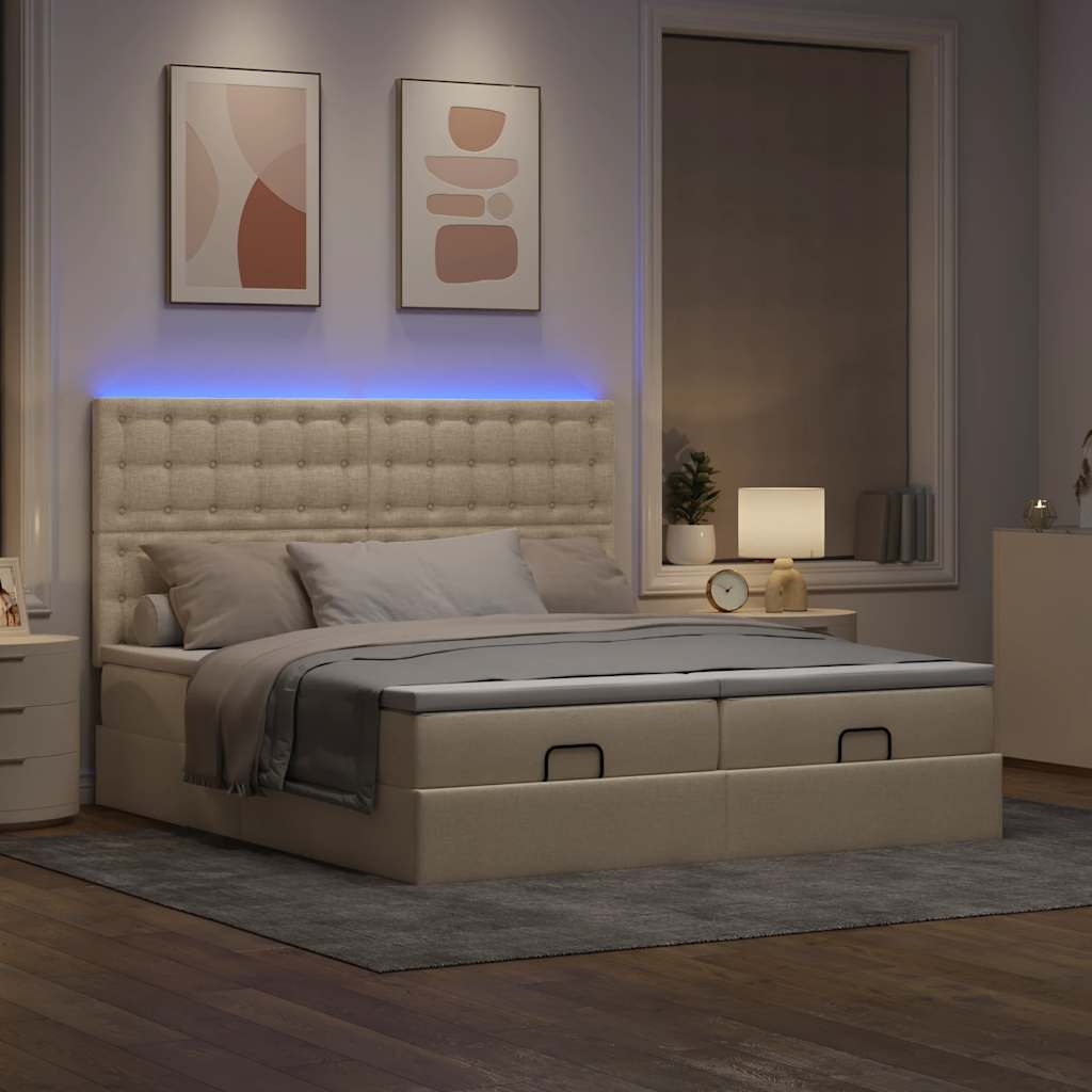 Ottoman bed met matrassen en LED's 200x200cm stof crèmekleurig – afbeelding 3