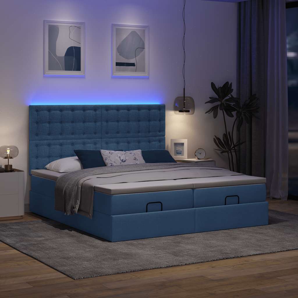 Ottoman bed met matrassen en LED's 200x200cm stof blauw – afbeelding 3