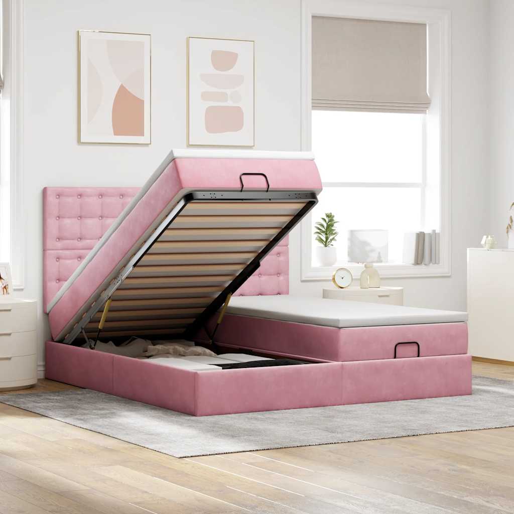 Ottoman bed met matrassen en LED's 160x200cm fluweel roze – afbeelding 1