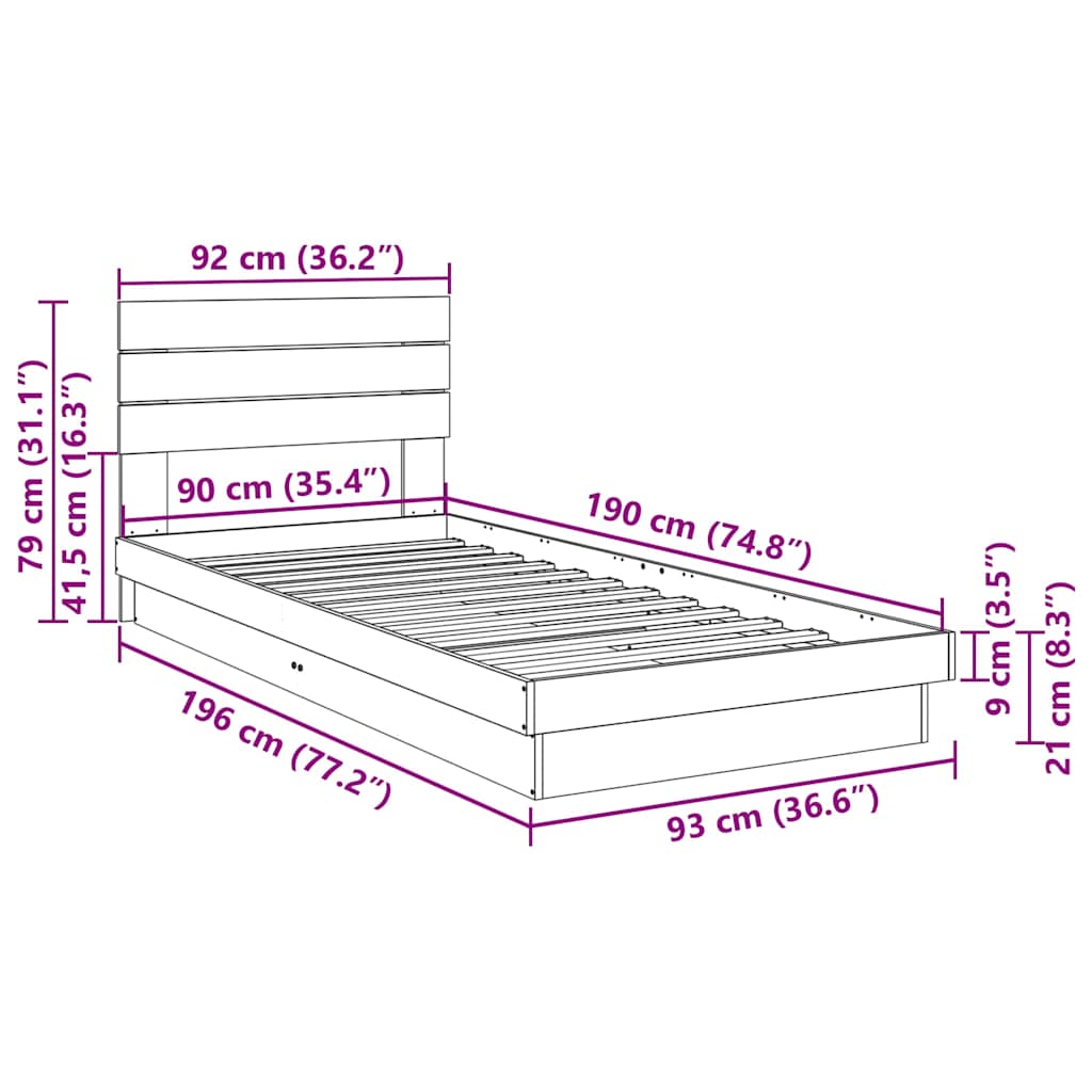 Bedframe hoofdeinde zonder matras 90x190 cm massief hout eiken – afbeelding 11