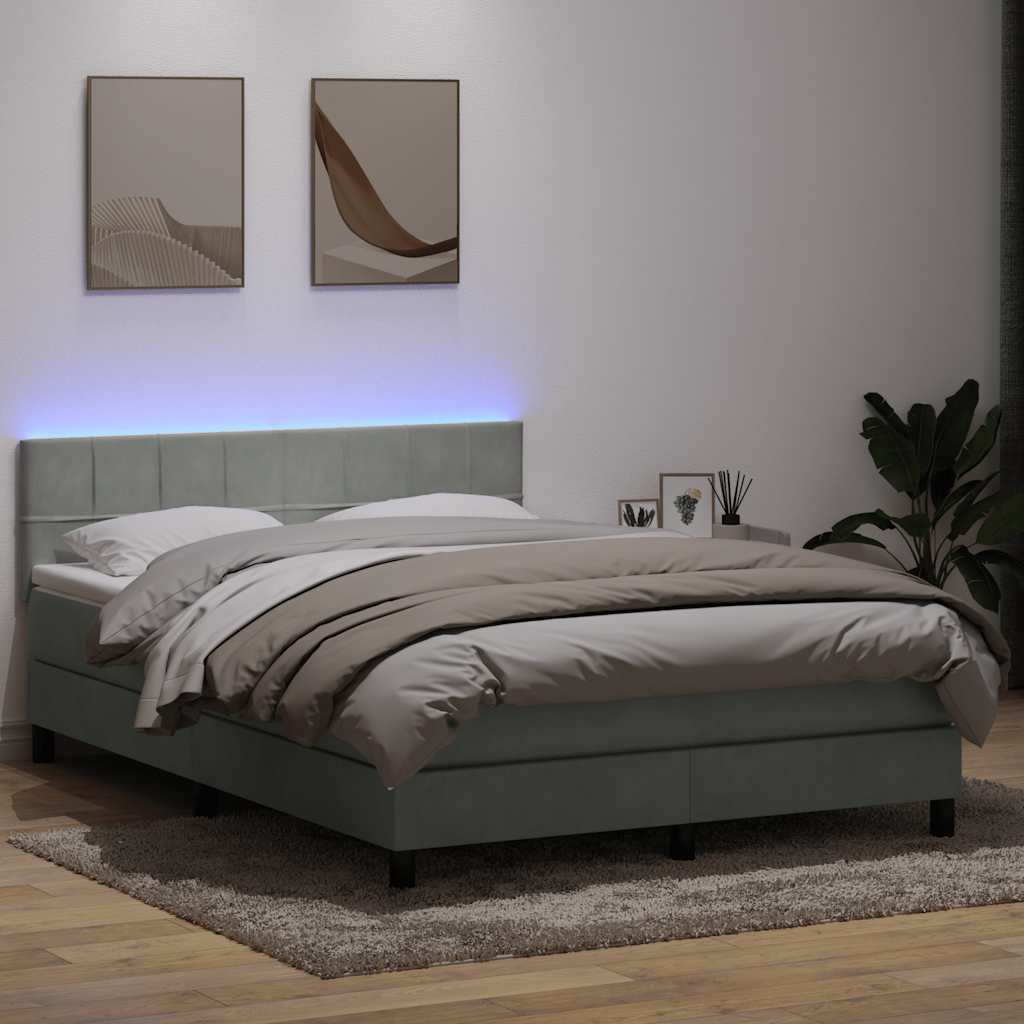 Boxspring met matras en LED fluweel lichtgrijs 140x220 cm – afbeelding 1