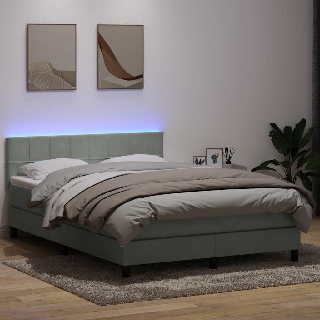 Boxspring met matras en LED fluweel lichtgrijs 160x220 cm – afbeelding 1