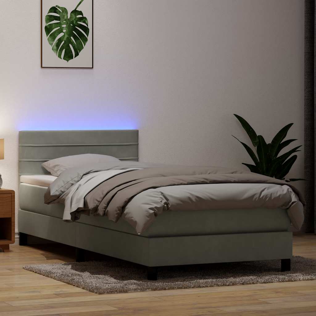 Boxspring met matras en LED fluweel lichtgrijs 100x210 cm – afbeelding 1