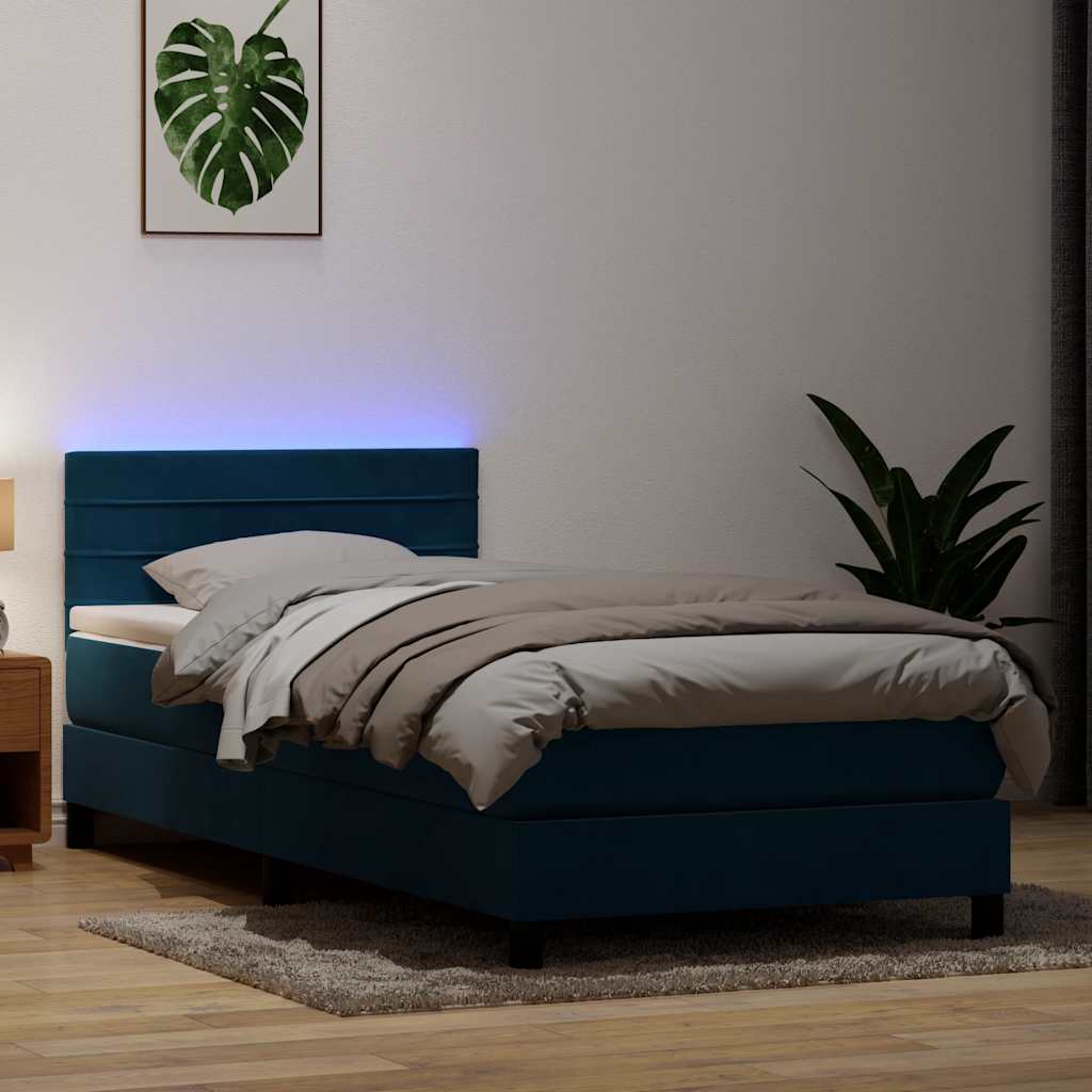 Boxspring met matras en LED fluweel donkerblauw 90x220 cm – afbeelding 1