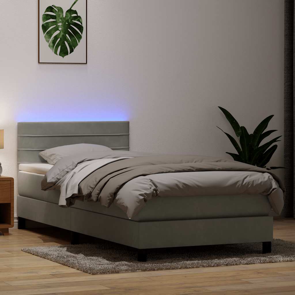 Boxspring met matras en LED fluweel lichtgrijs 100x220 cm – afbeelding 1