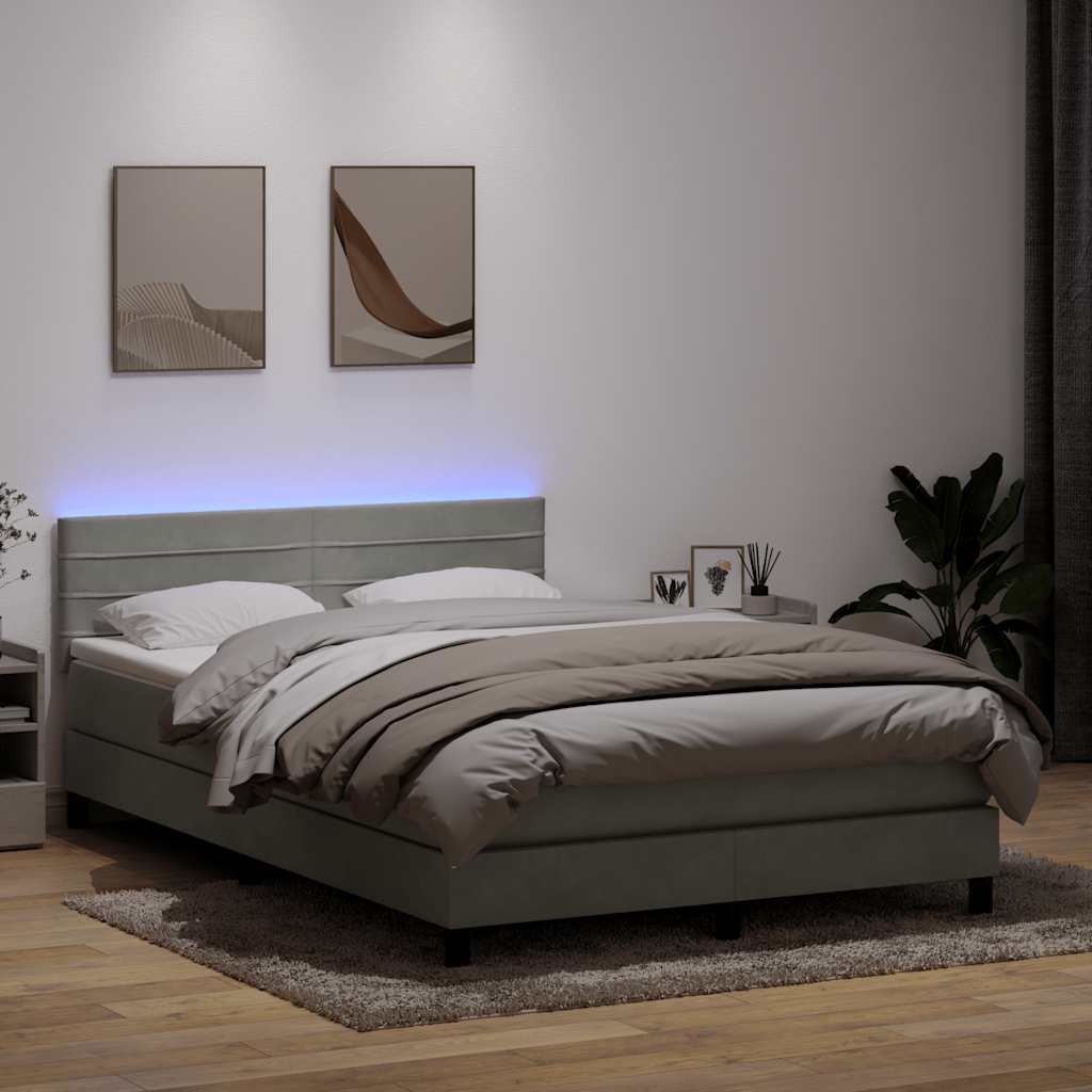 Boxspring met matras en LED fluweel lichtgrijs 140x220 cm – afbeelding 1